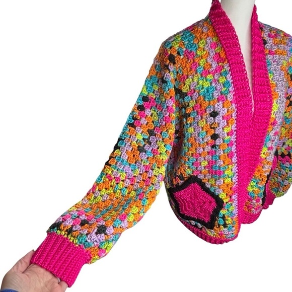 Handcrafted Crochet Hexagon Cardigan Sweater Open Front Wide Sleeve 2 Pockets - Picture 14 of 16